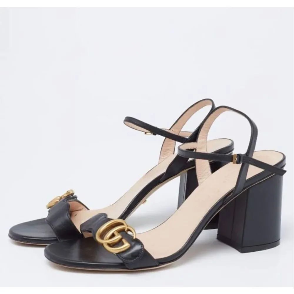 Gucci GG Marmont Leather Sandal Heels | Black in 40